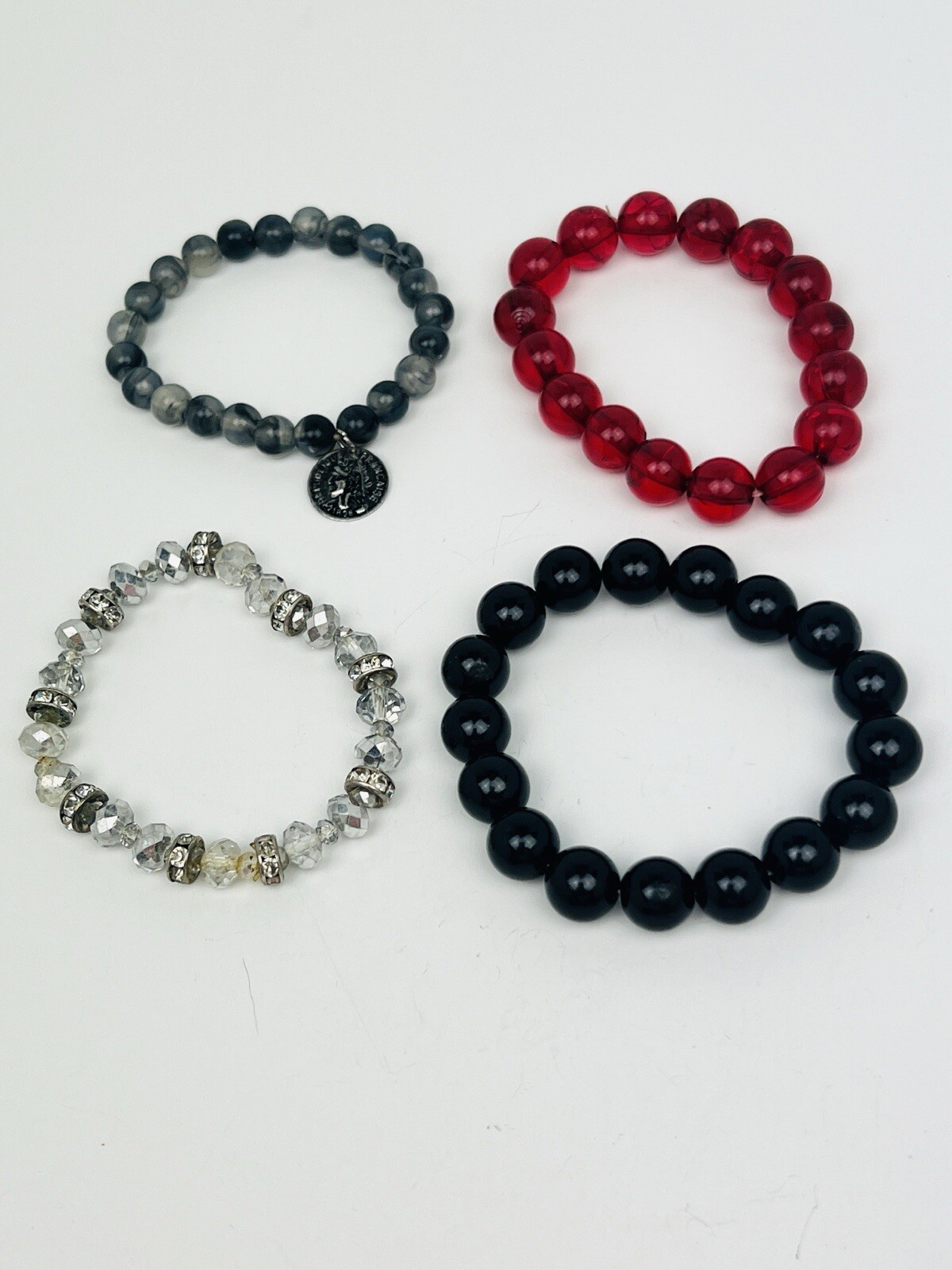 Lot of 4 Beaded Bracelets Black Red Gray Clear w/Rhinestones Plastic Stretch