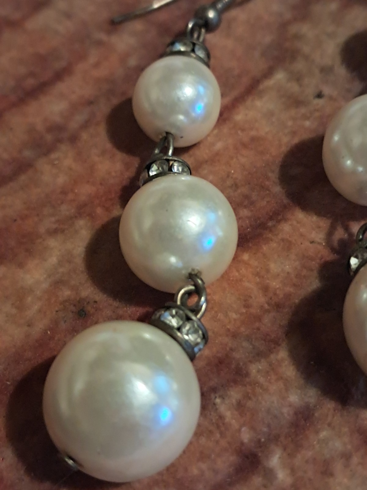 Vintage Classic White Faux Pearl Dangle Drop Hook Earrings Rhinestone Spacers