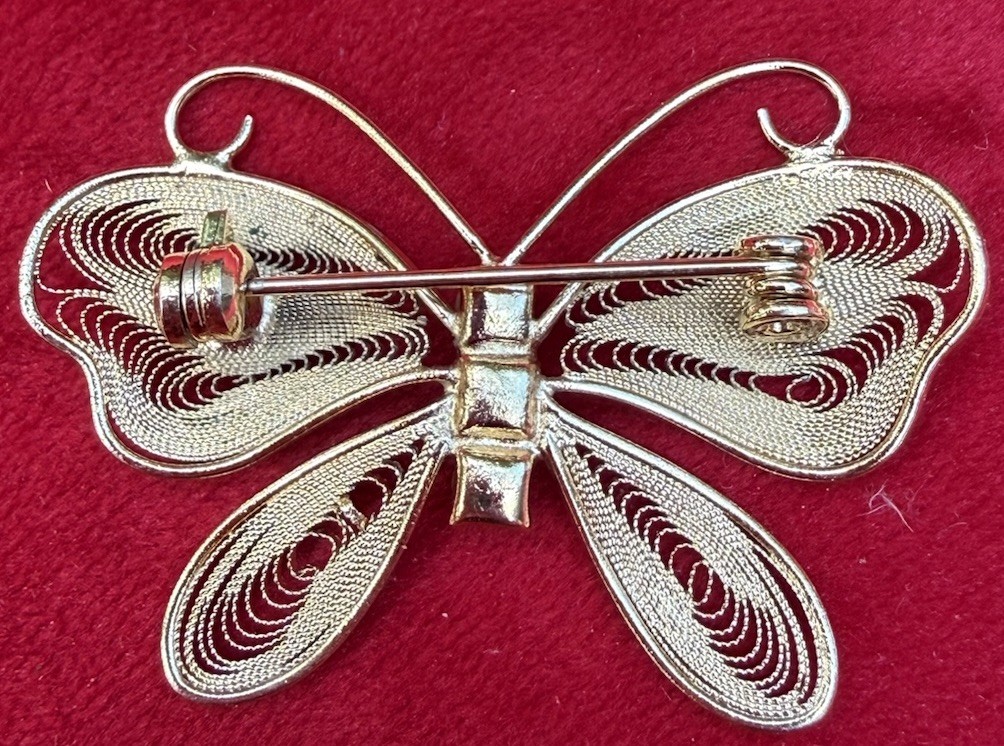 Butterfly Brooch Pin Gold Tone Filigree Faux Pearls Metal Approx. 1.5 in Vintage