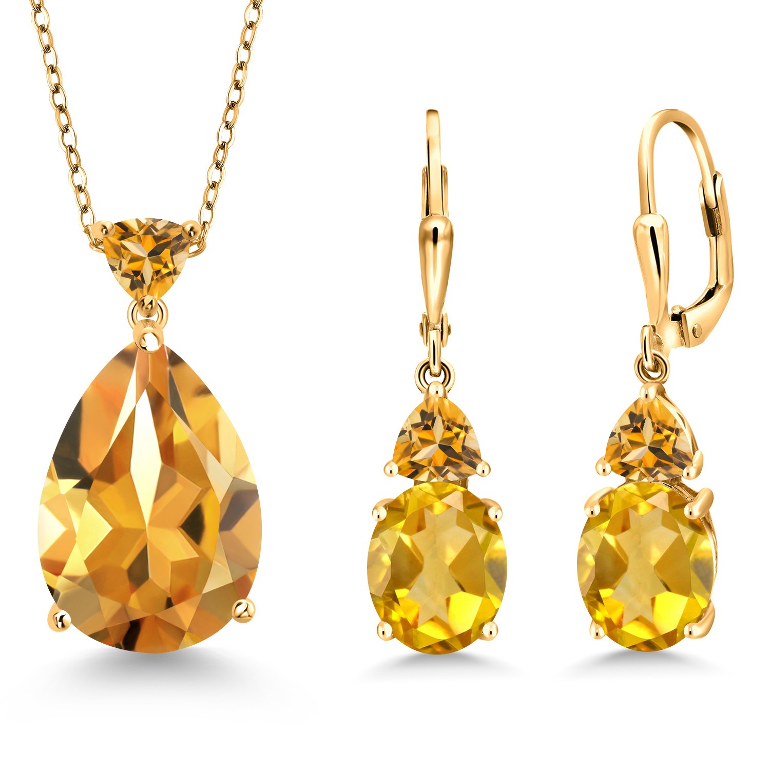 18K Yellow Gold Plated Silver Citrine Pendant Earrings Jewelry Set For Women