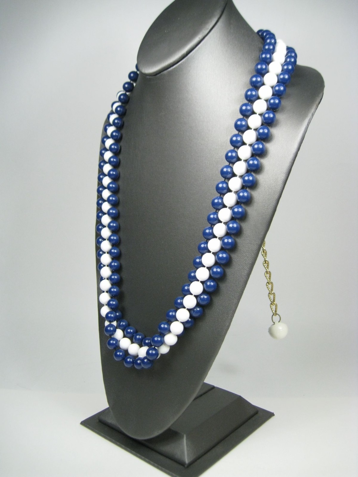 Classic Multi Strand Navy Plastic Beaded Necklace Gold Tone Chain Layered 50 in