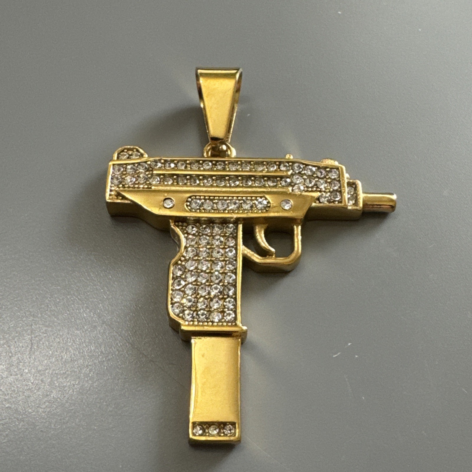 Stainless Steel Pendant Machine Gun Hip Hop Cubic Zirconia 24” Chain Gold Plated