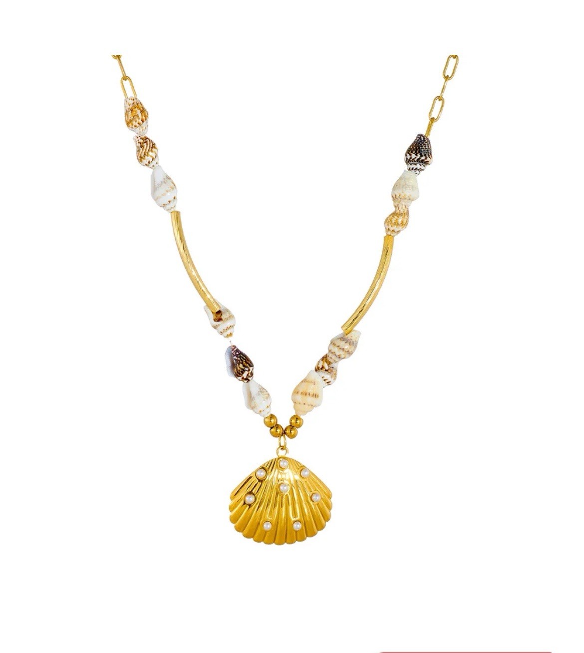 Gold Starfish Necklace Seashell White Pearl Clam Shell Pendant Necklace