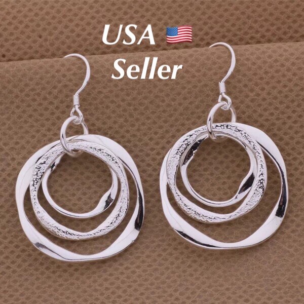 Womens 925 Sterling Silver 3 Circle Round Dangle Drop Hoop Hook Earrings E42