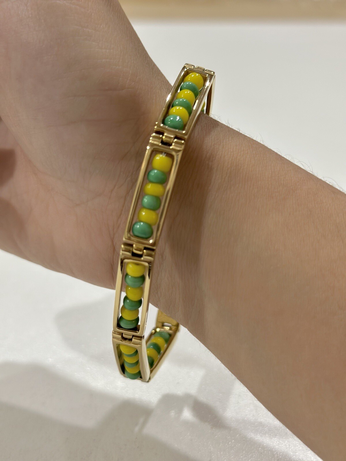 Stainless Steel Green Yellow Beads Amulet Protection Orula Bracelet 8-9 Inches