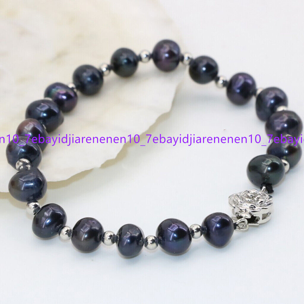 Natural 7-8/8-9/9-10mm Black Freshwater Cultured Baroque Pearl Bracelets 7.5 in