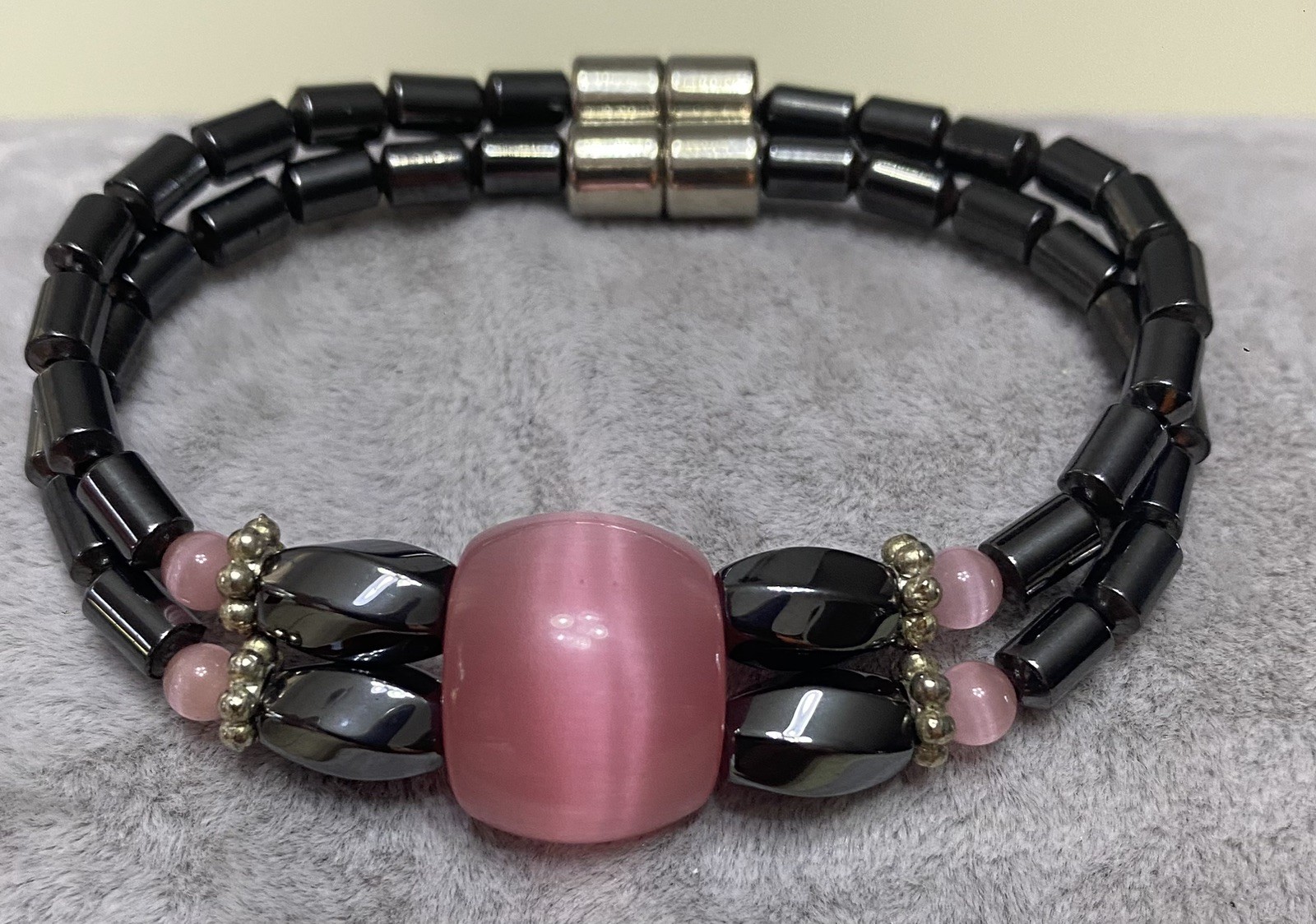 Pink Cats Eye 6.5 inch Magnetic Hematite Double Strand Bracelet w/Magnet Clasp
