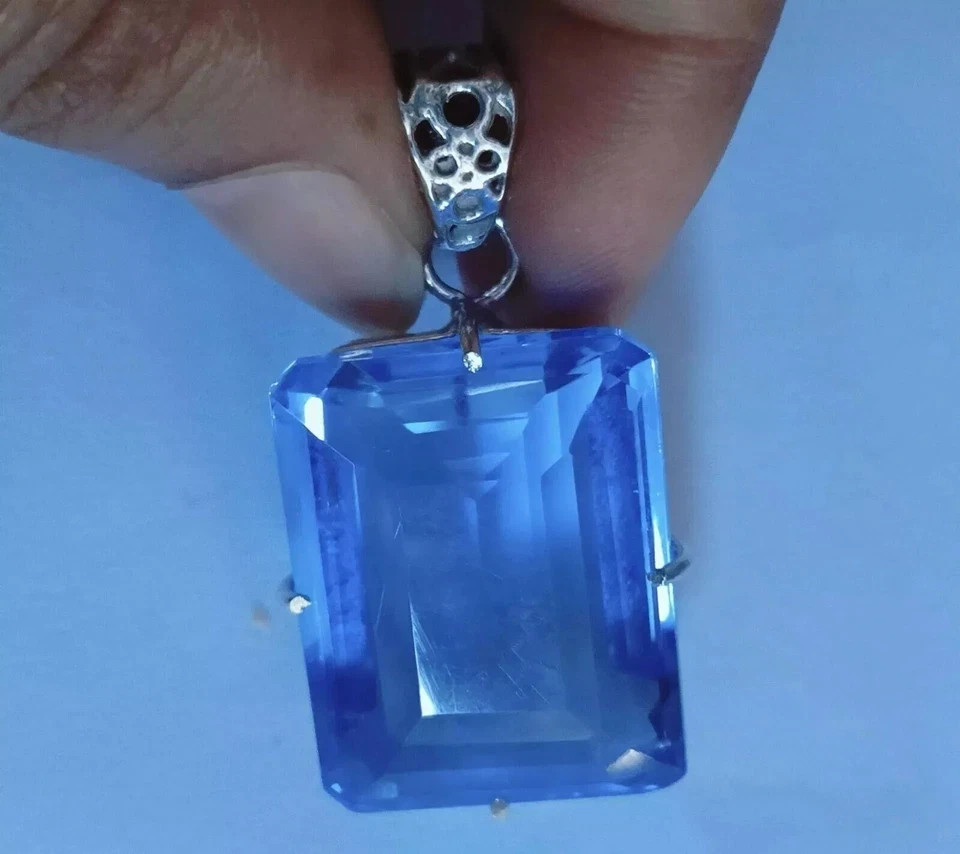 75.90 Ct Natural Blue Topaz Pendant Sterling Silver Emerald Cut Gemstone Jewelry