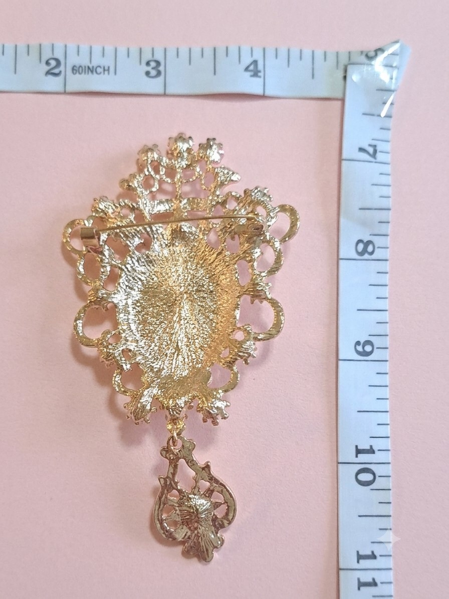 Gold Tone Oval Pink Opal Cabochon Dangle Brooch Pin w/ Green Rhinestones, 4 in
