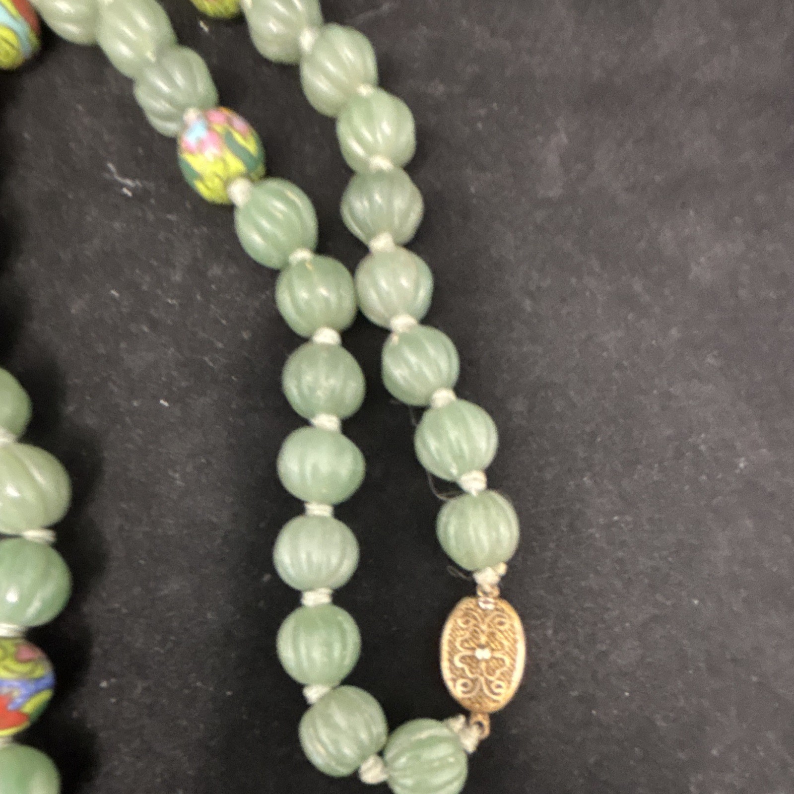 Green Beaded Necklace Strand w/ Multicolor Accent Beads Gold Tone Clasp