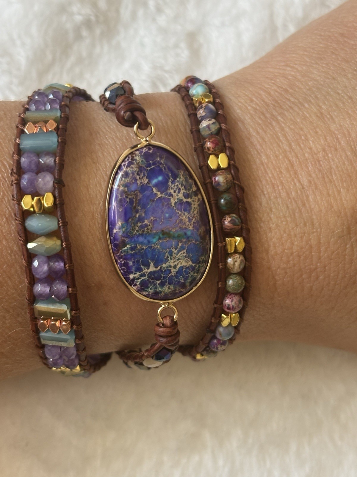 925 Plumiss Purple Turquoise Natural Gemstone Leather Beaded Boho Wrap Bracelet