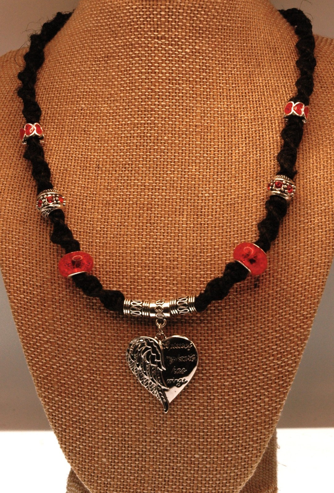 “A piece of my heart has wings” Heart with Red Beads on a 19 12″ Black Choker