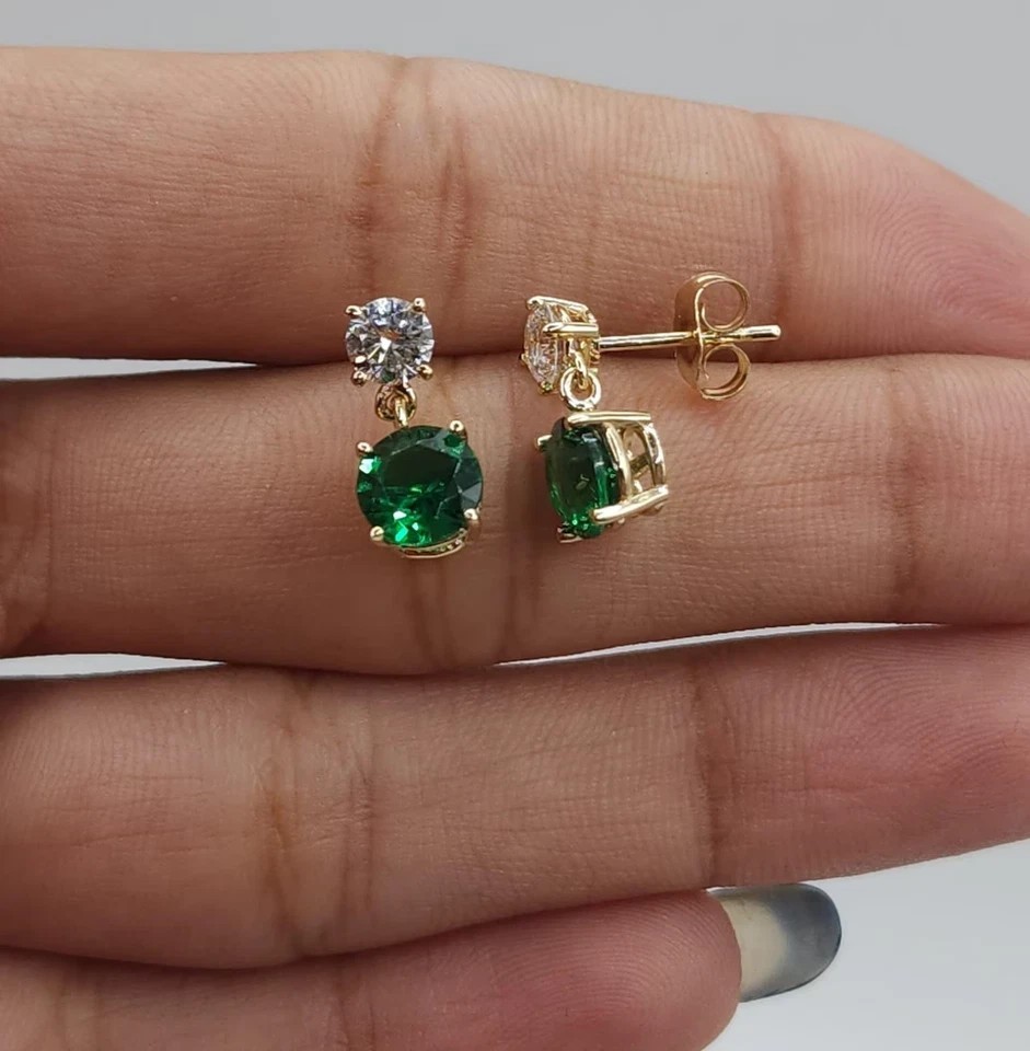 2.20Ct Round Cut Simulated Emerald Stunning Drop Earrings 14K Yellow Gold Plated
