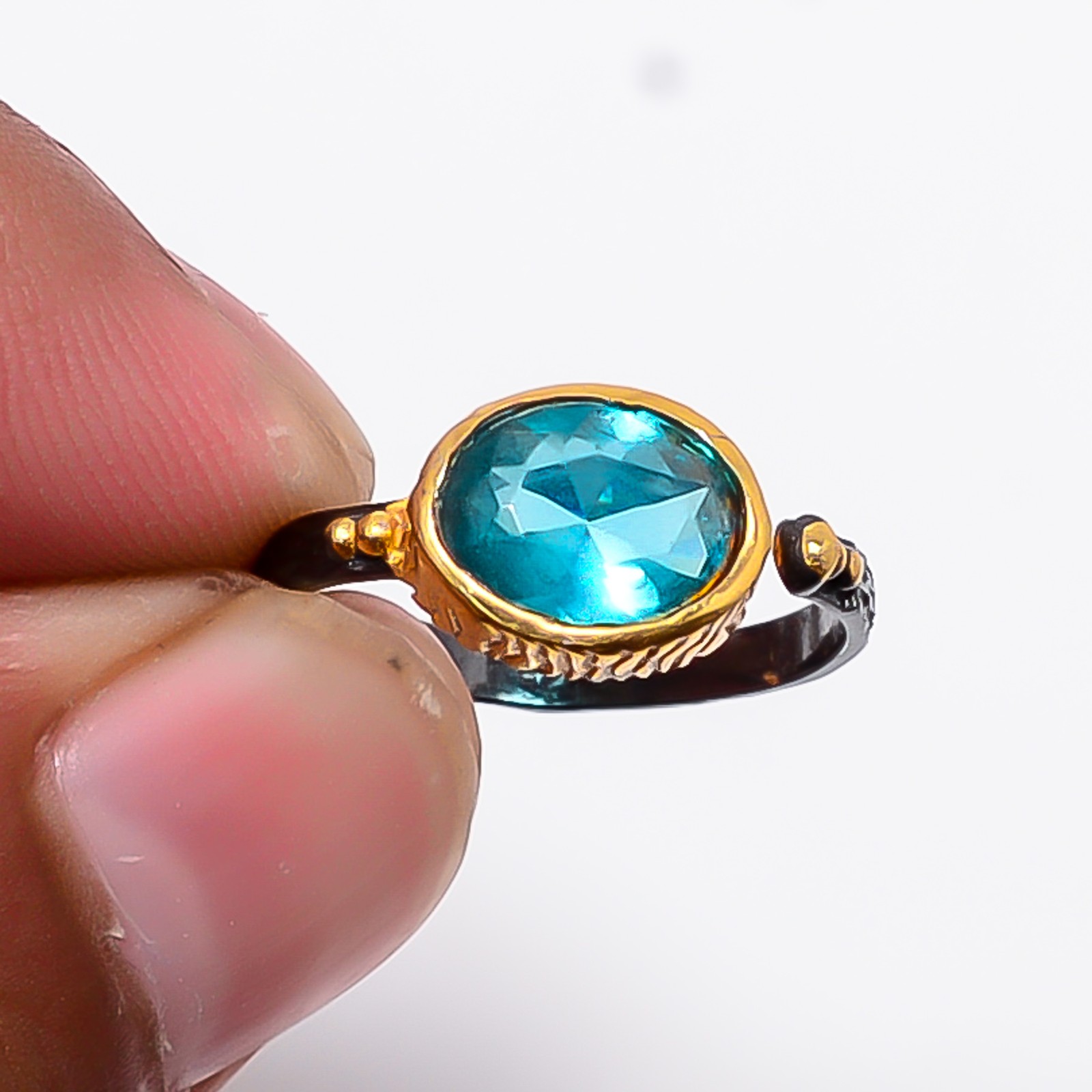 Paraiba Tourmaline Black & Gold Plated 925 Sterling Silver Ring S.Adjustable R6