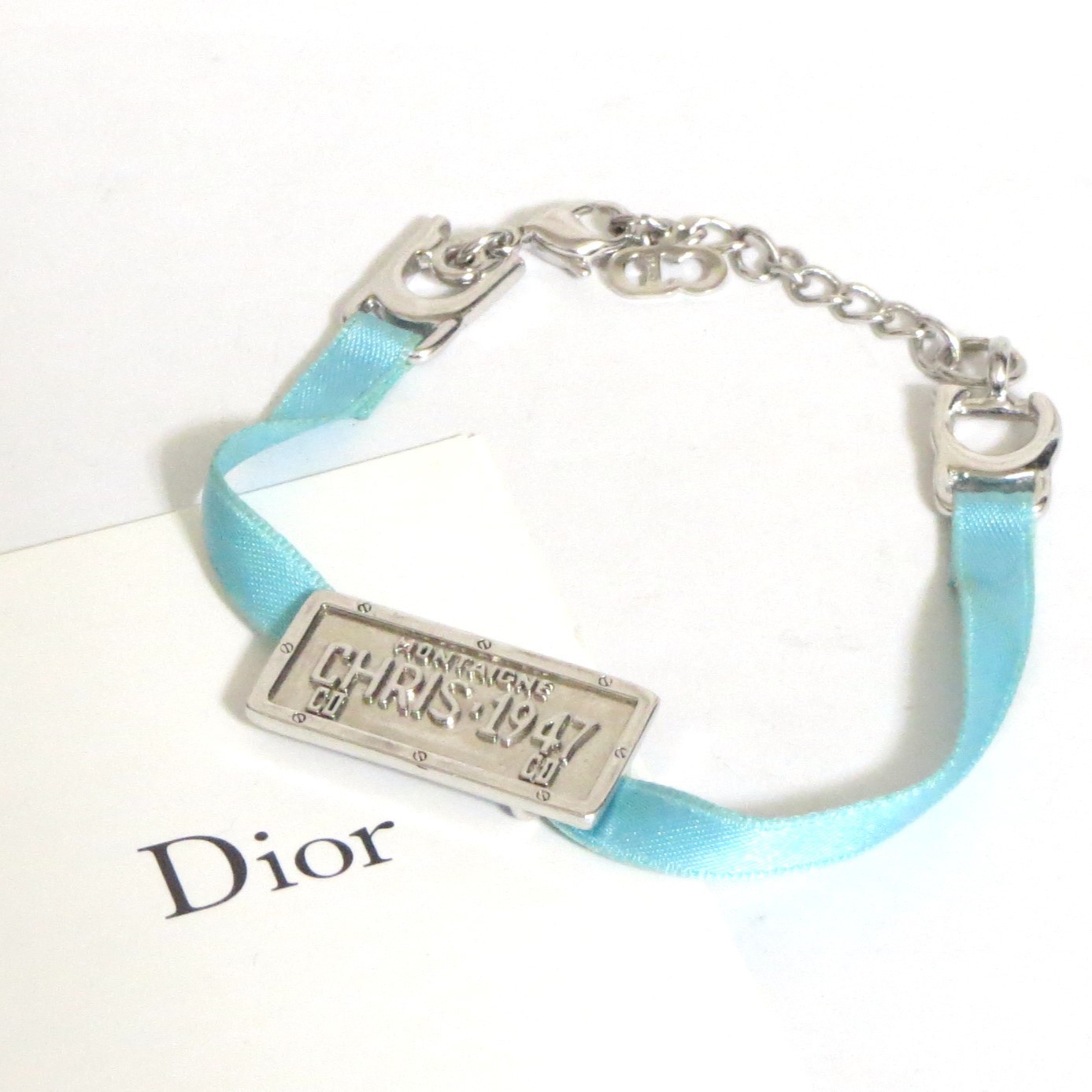 Auth Dior Montaigne Chris1947 Metal Plate Bracelet Light Blue Fabric 19.5cm/7.67