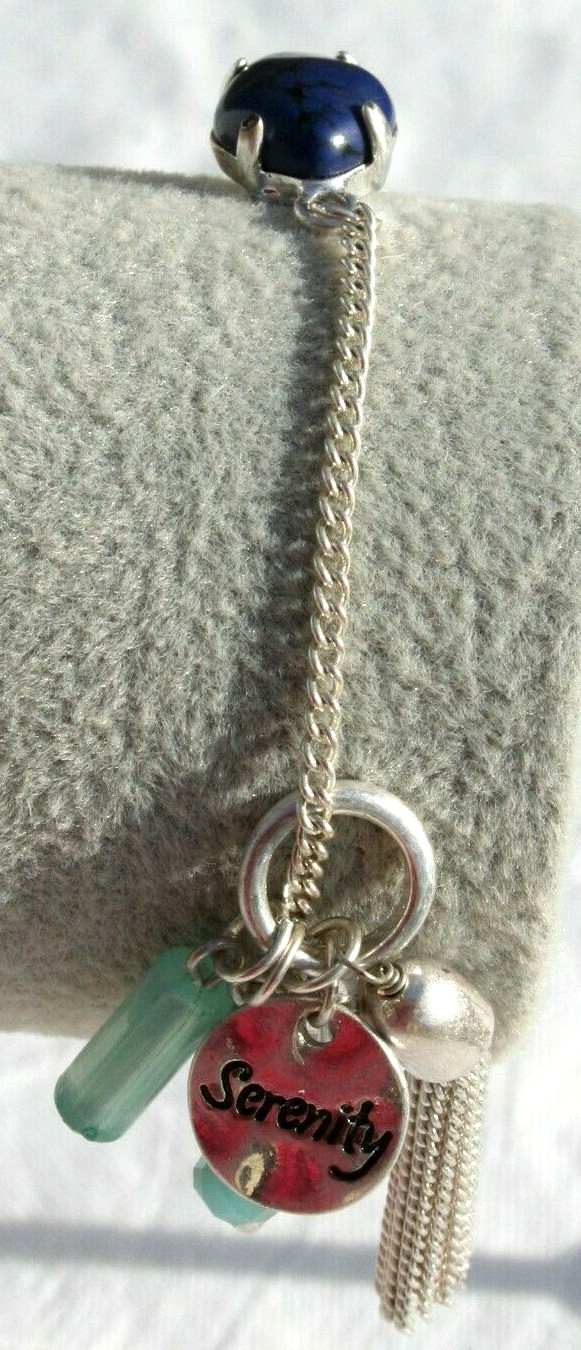 Charm Bracelet Black Cabachon Silver Tone Blue Crystal Dangle Toggle 7.5″