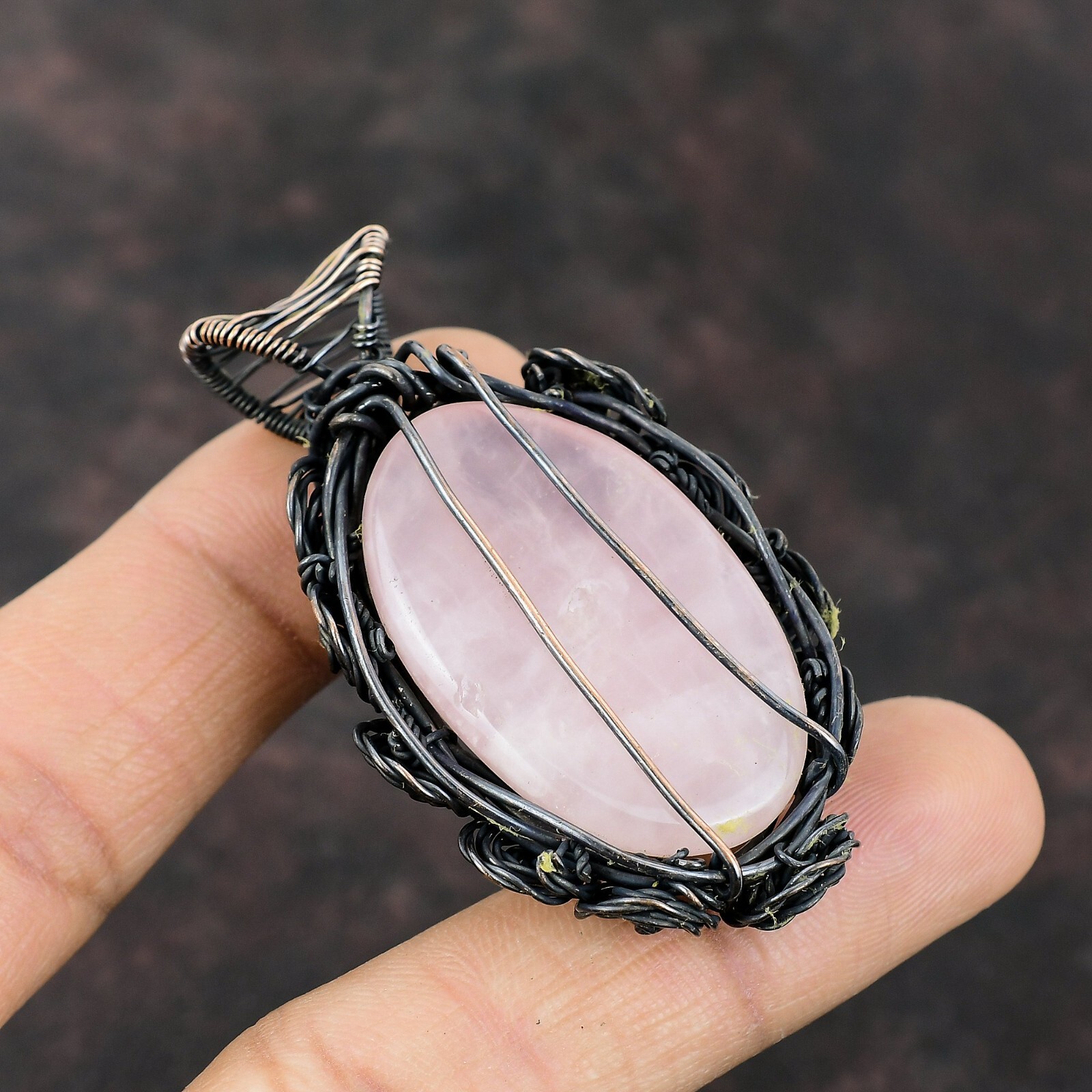 Rose Quartz Wire Wrapped Flower Pendant Handcrafted Copper Valentine Gift 2.28″