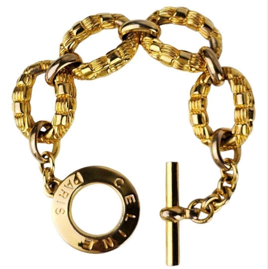 CELINE Vintage Circle Logo Toggle Bracelet Gold Tone Chunky Link w/ Dust Bag JP