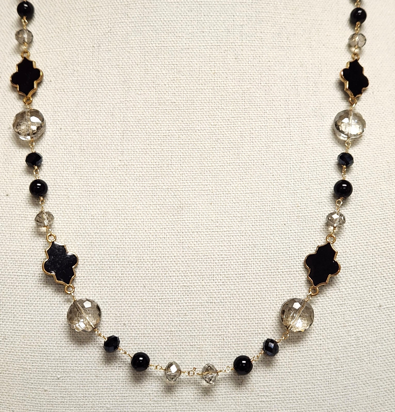 Gilt Sterling Silver Gray & Black Crystal Bead Quatrefoil Motif Necklace 27.5″