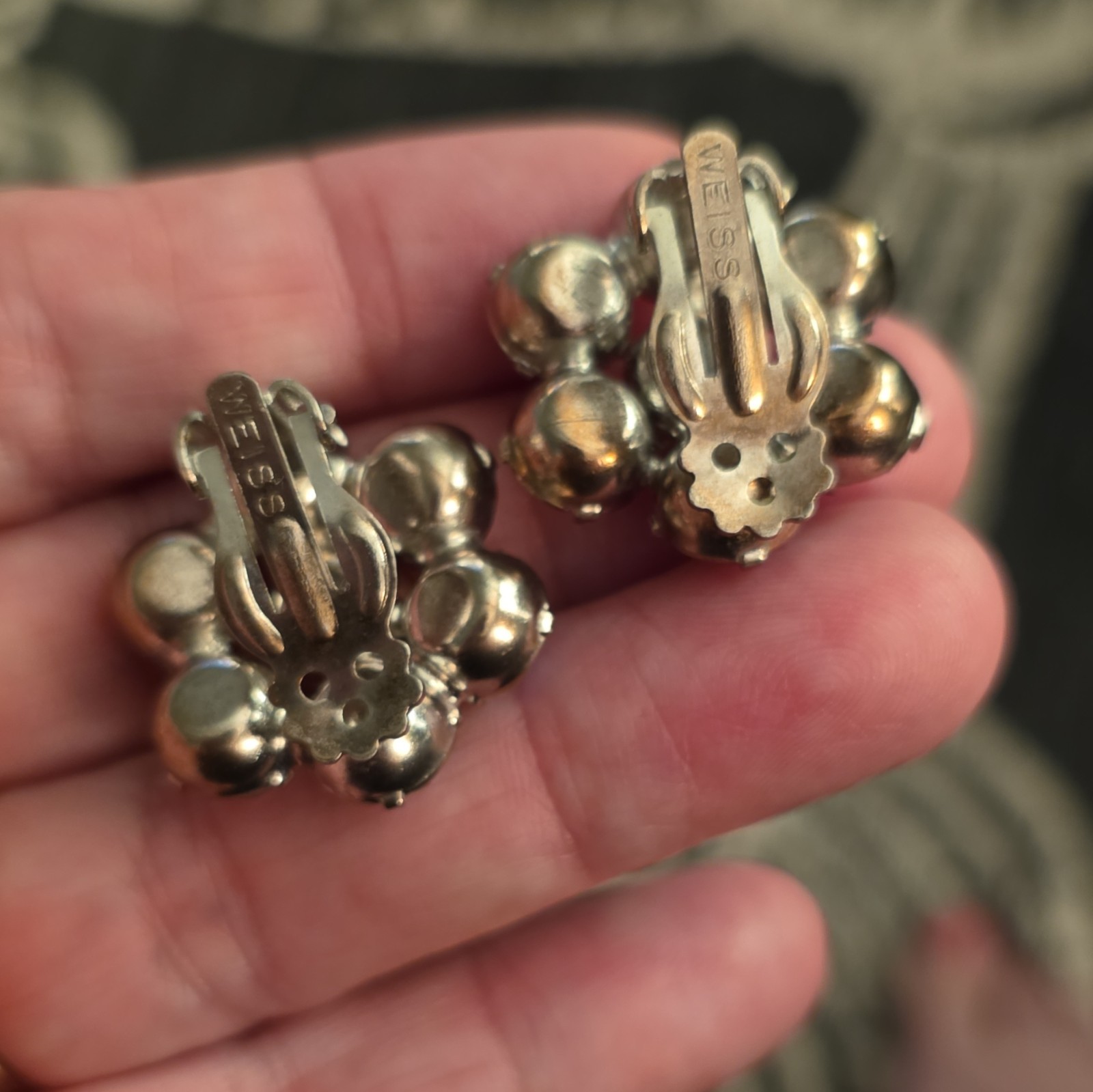 WEISS Signed Gold Tone Clip-On Cluster Flower Earrings AB Clear Rhinestone