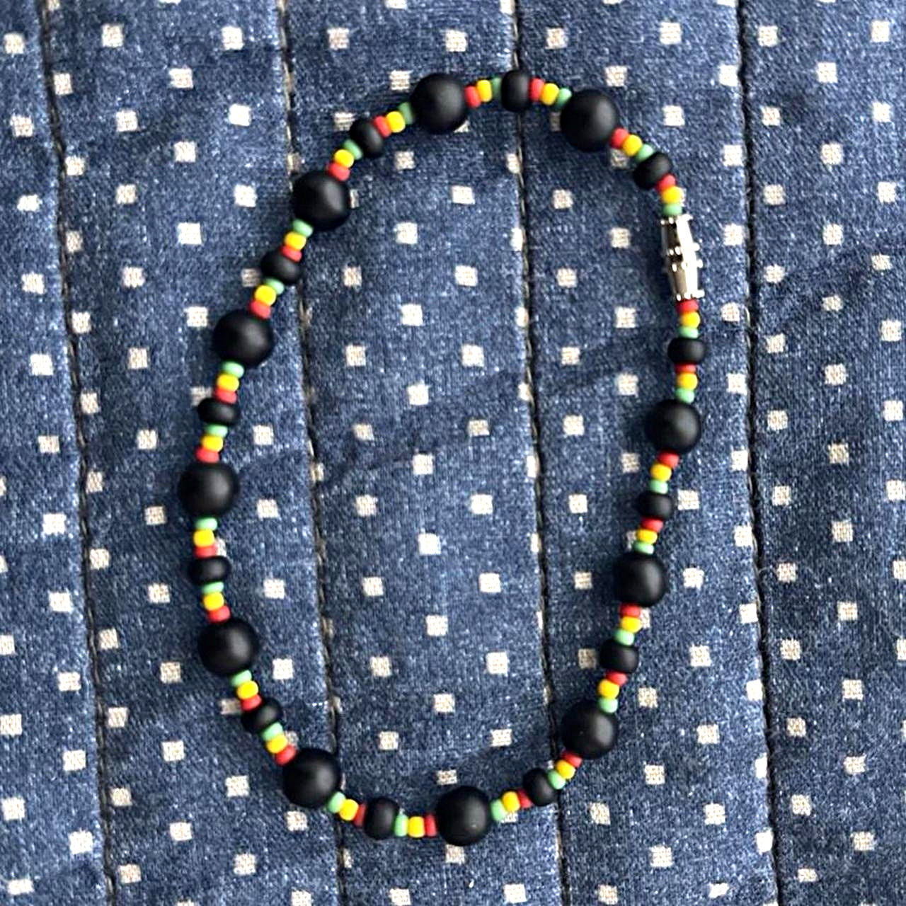 Black Beaded Stretch Slip-On Bracelet Round Plastic Beads Red Green Yellow