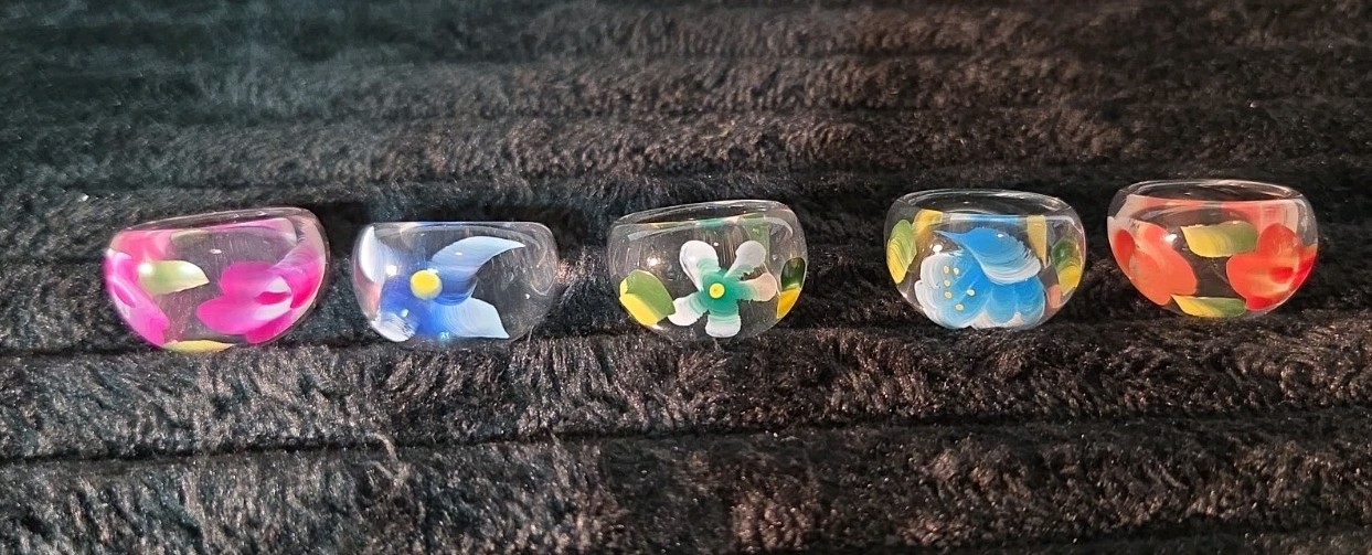 5 Plastic Resin Rings Multicolor Flower Ring Clear Band Handmade Painted Size 9