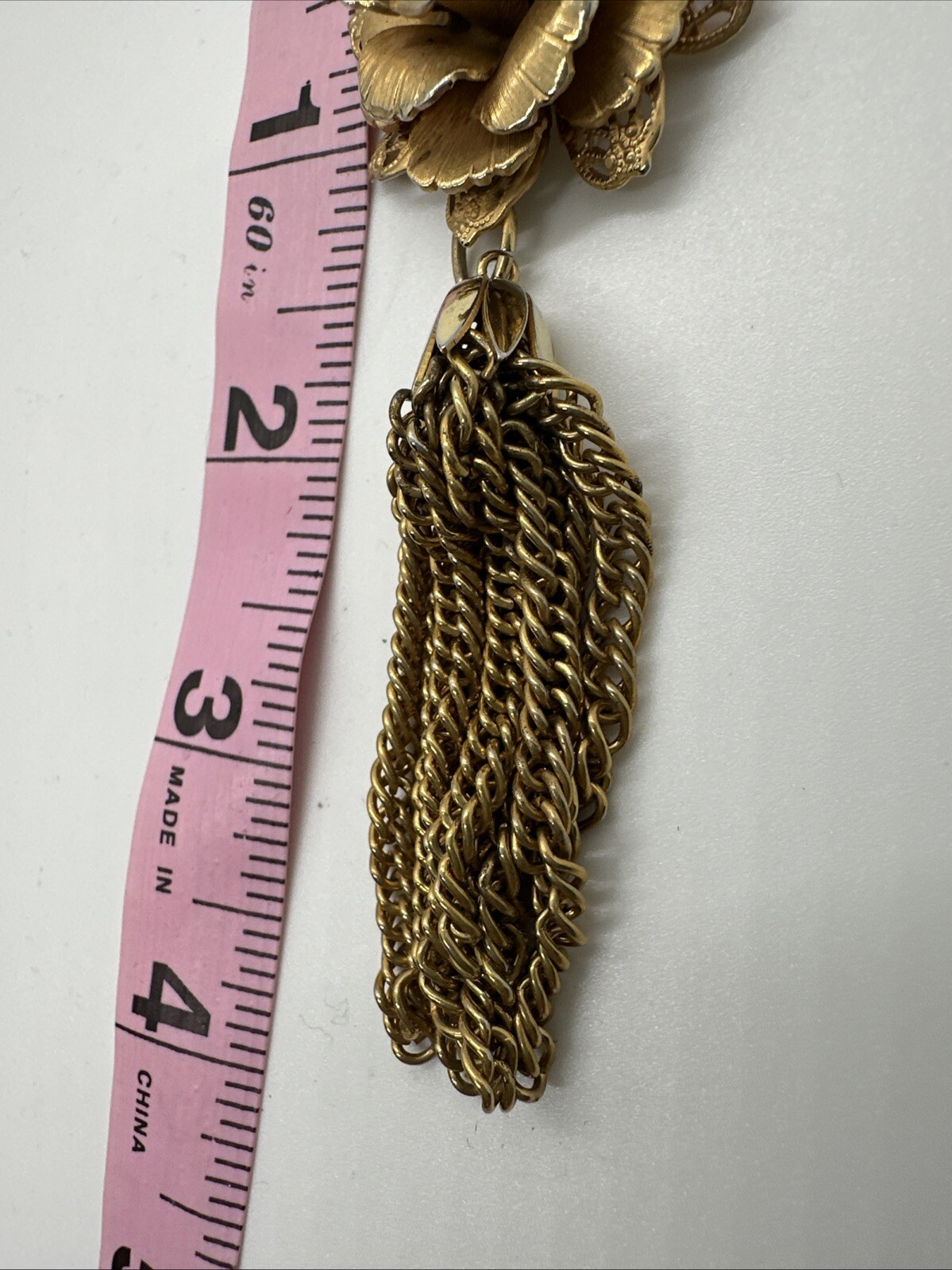 Vintage Rose Tassle Pendant Giovanni, 3.75 Inches Gold Tone Costume