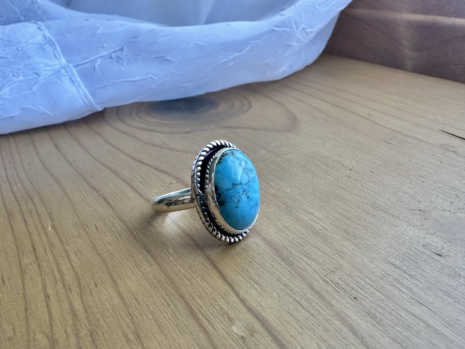 Faux Turquoise Ring Oval Southwest Statement US Size 7 Stamped 925