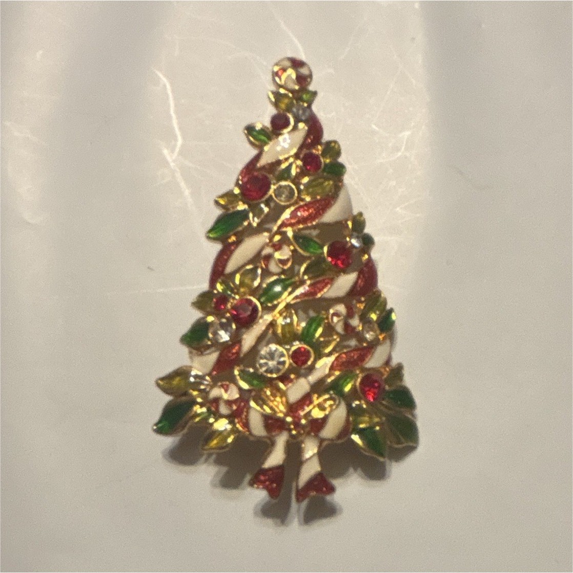 Christopher Radko Rhinestone Christmas Tree Brooch Pin Red Green White