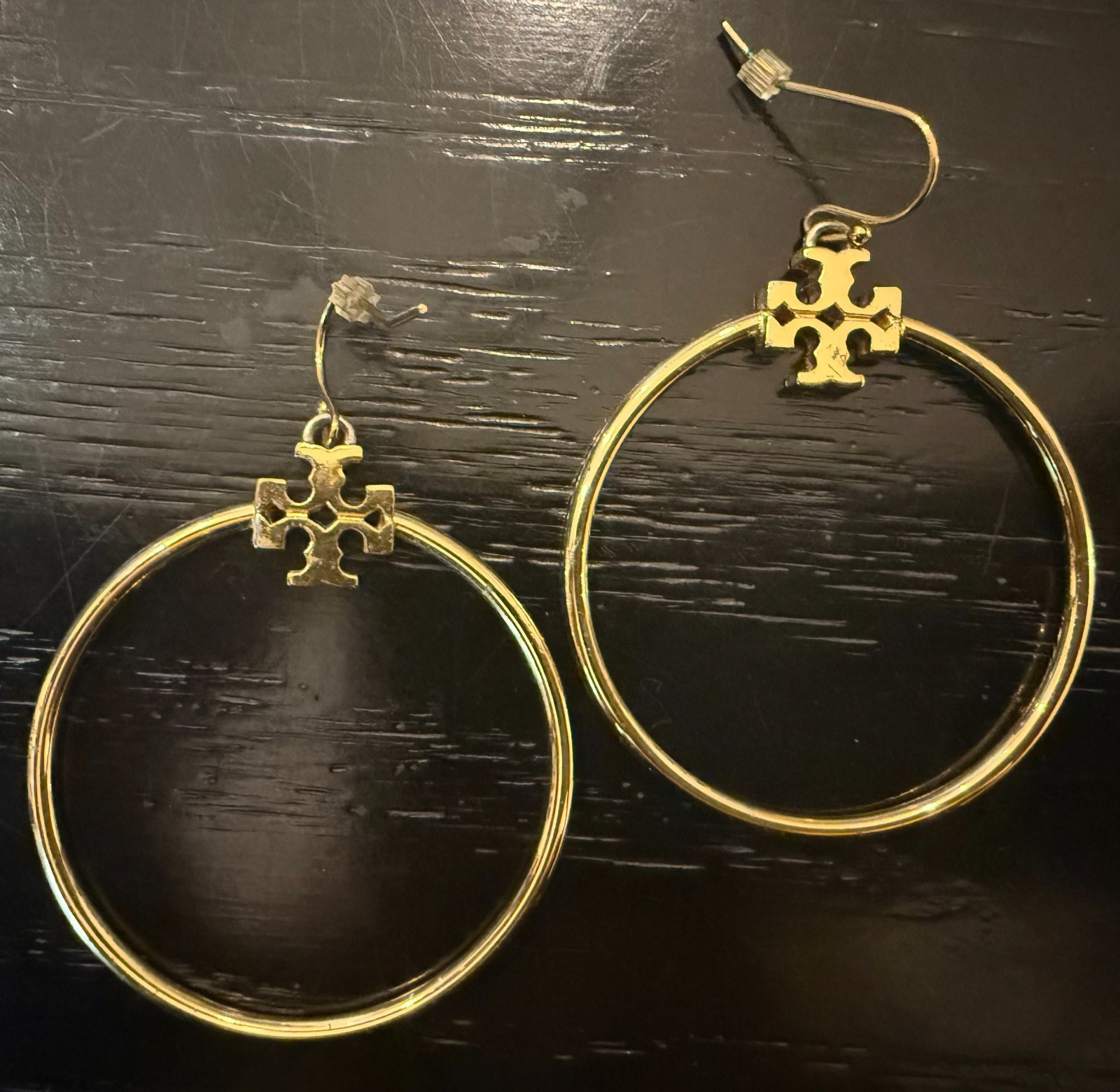 Tory Burch Gold Stacked T-Logo Hoop Drop Earrings