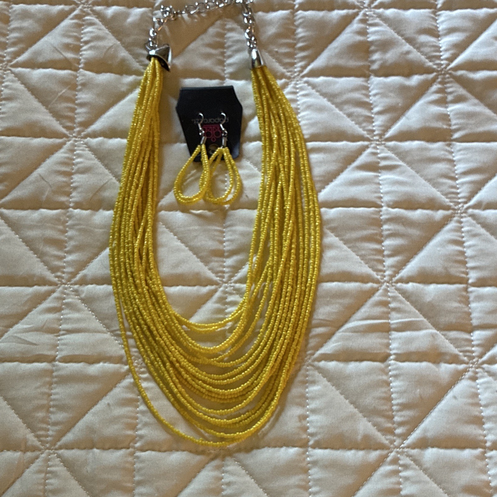 Yellow Glass Seed Bead Multi-Strand Necklace & Earrings Jewelry Set, Round
