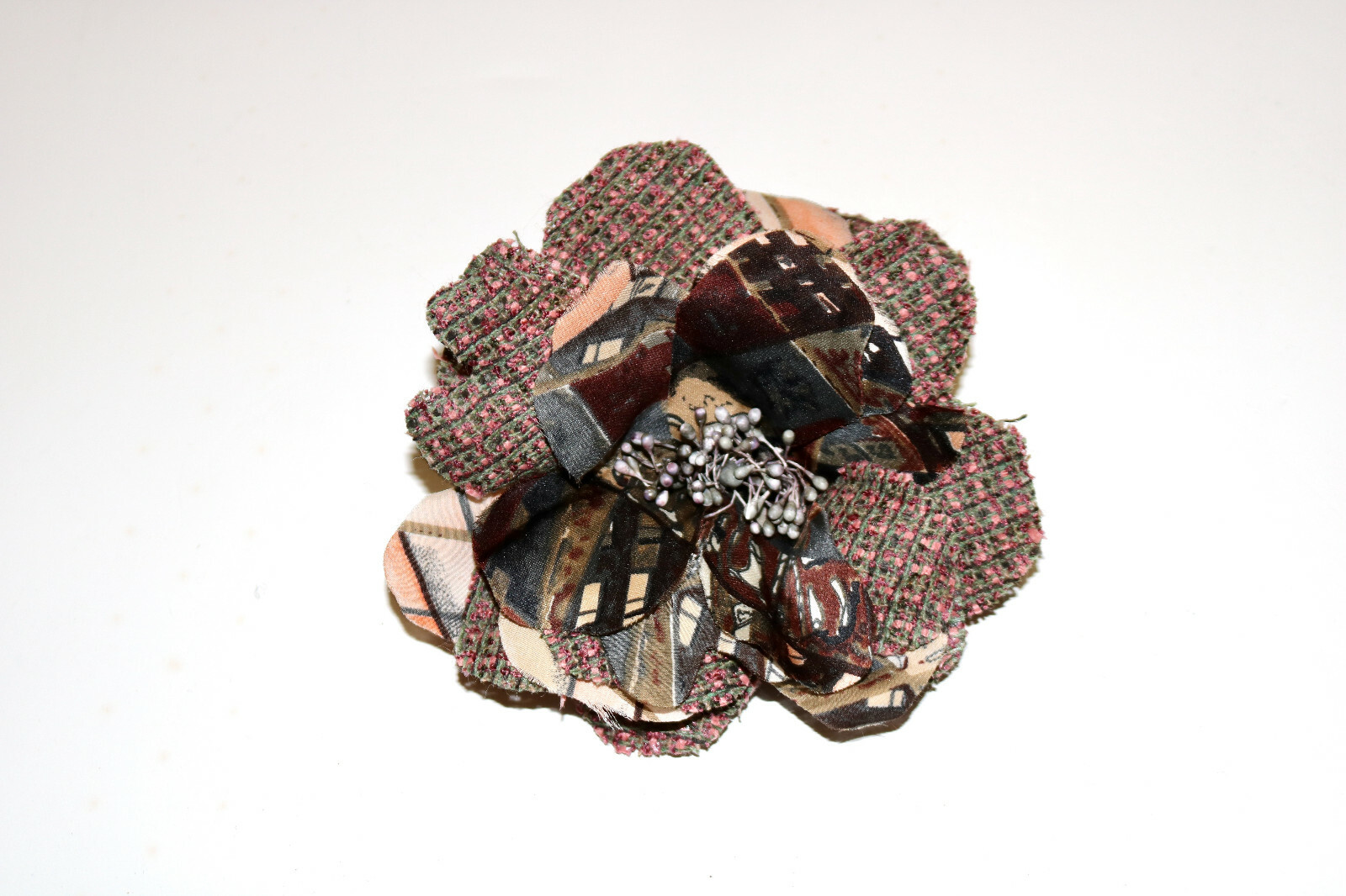 vintage flower fabric tweed mix large brooch pin