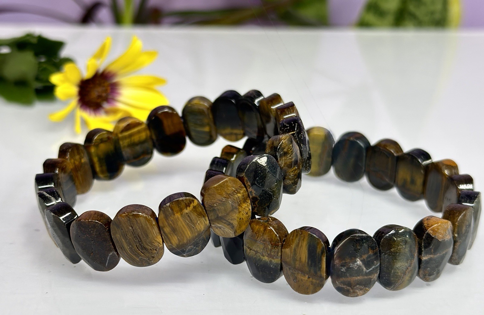 Wholesale 6 Pcs Blue Tigers Eye Faceted 7.5” Crystal Stretch Bracelet 15mm