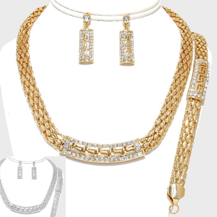Crystal Rhinestone Mesh Chain Necklace Square Long Earrings Bracelet Evening SET