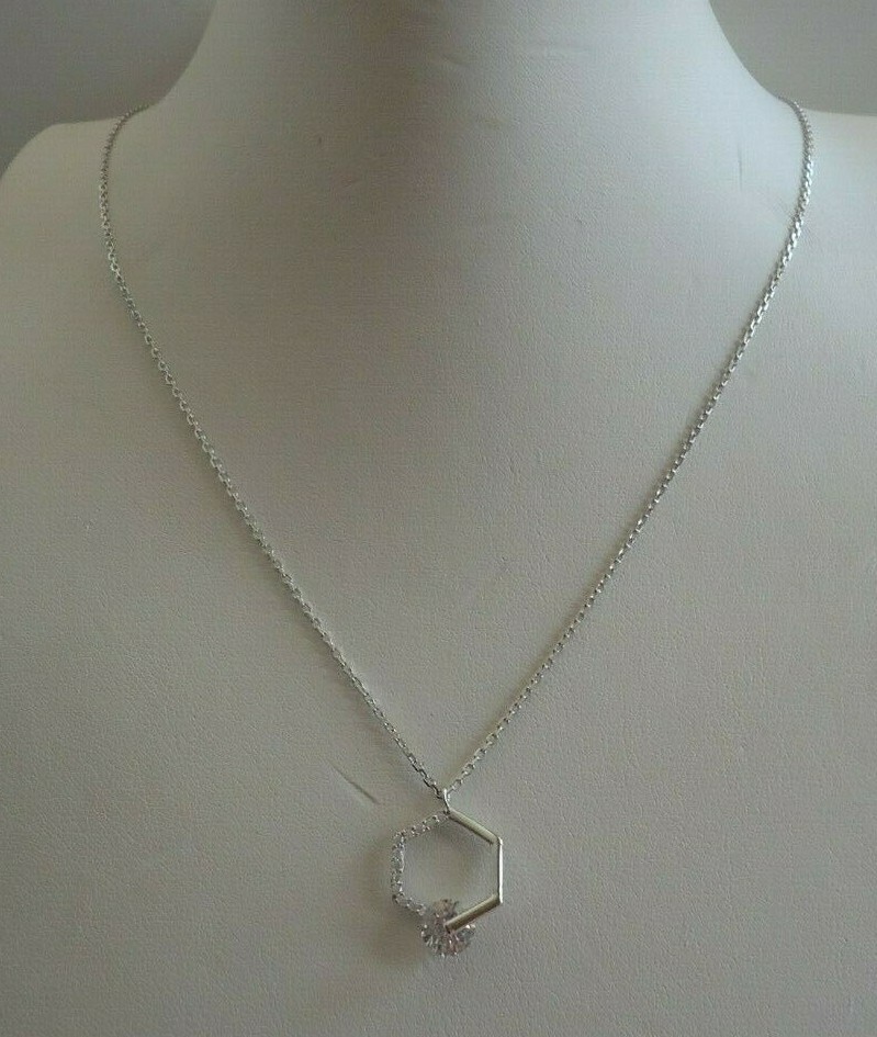 HEXAGON NECKLACE PENDANT TENSION SET CENTER LAB CREATED DIAMOND STERLING SILVER