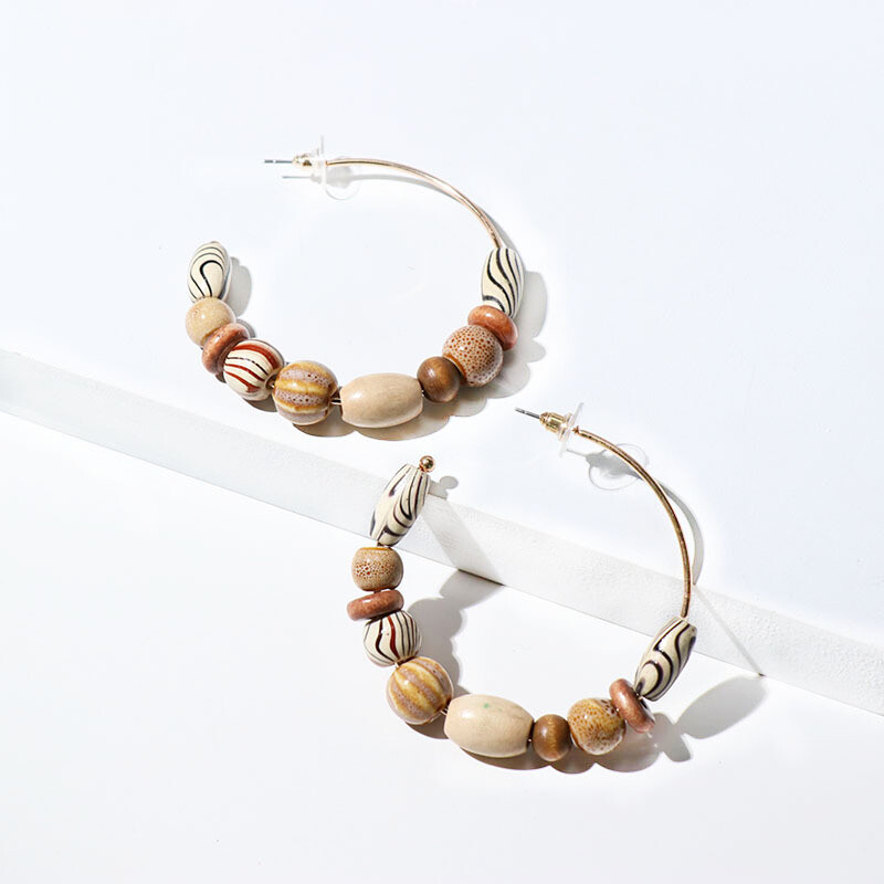 Wooden Beaded Hoop Earrings, 4 Colors, Your Choice Yellow, Blue, Black or Brown