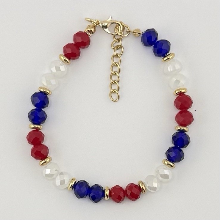Red White & Blue Crystal Bead Bracelet 7-8in Adjustable Lobster 4th of July Gift