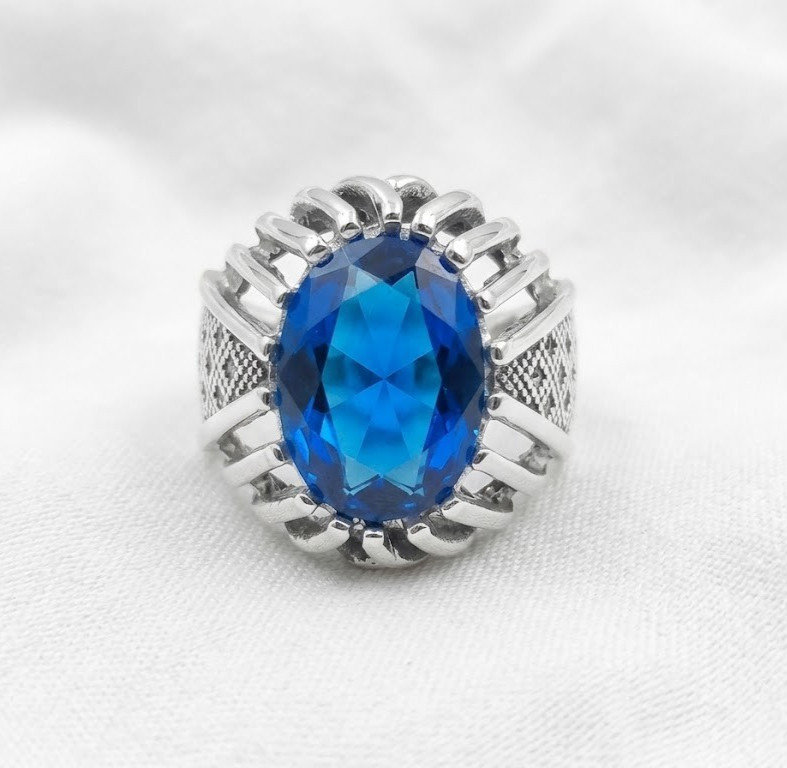 Men’s 925 Sterling Silver Ring Large Oval Blue Sapphire Stone Statement Ring.