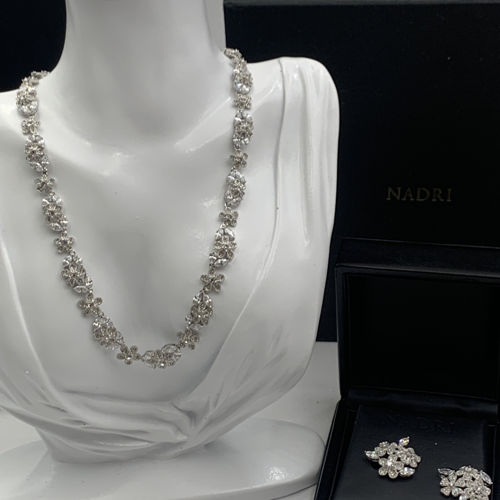 Nadri Pave Crystal ENGLISH GARDEN FLORAL Necklace & Floral Cluster Clip Earrings