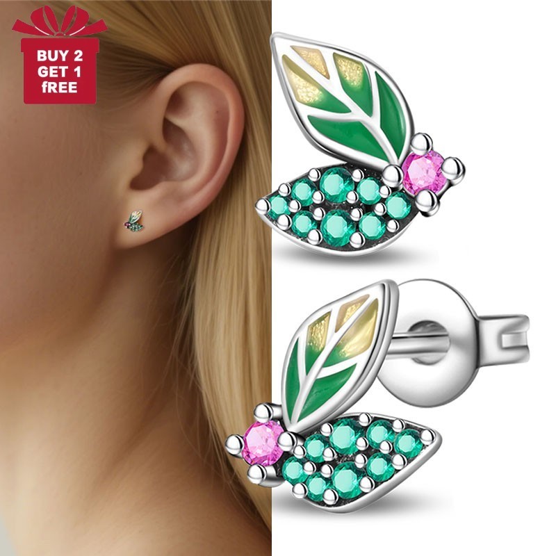 PANDACH 925 Sterling Silver Tiny Leaf Dainty Minimalist Women Stud Earrings Gift