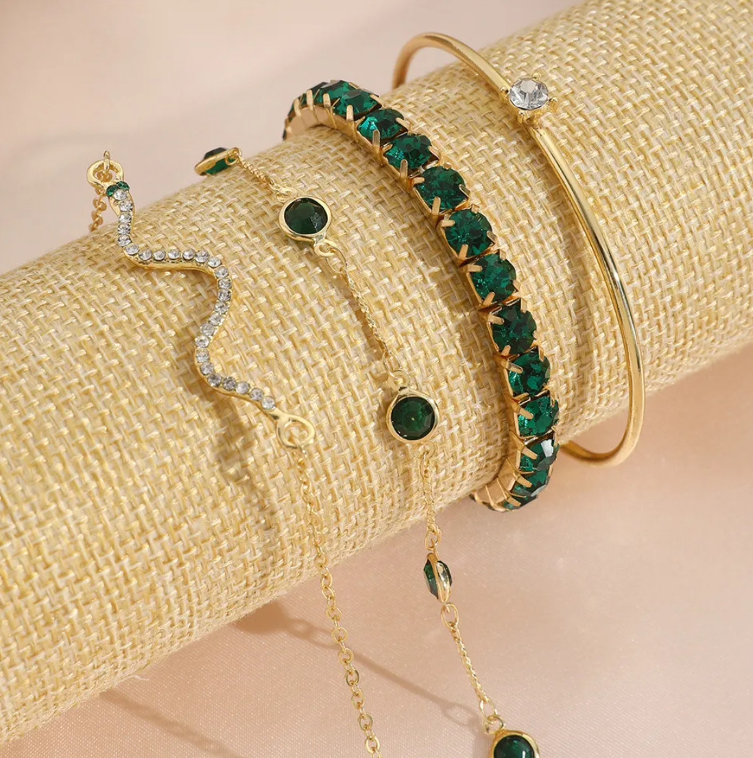 4Pcs Green Crystal Bracelet Set Women Gold Chain Stretch Bangle Jewelry Gift
