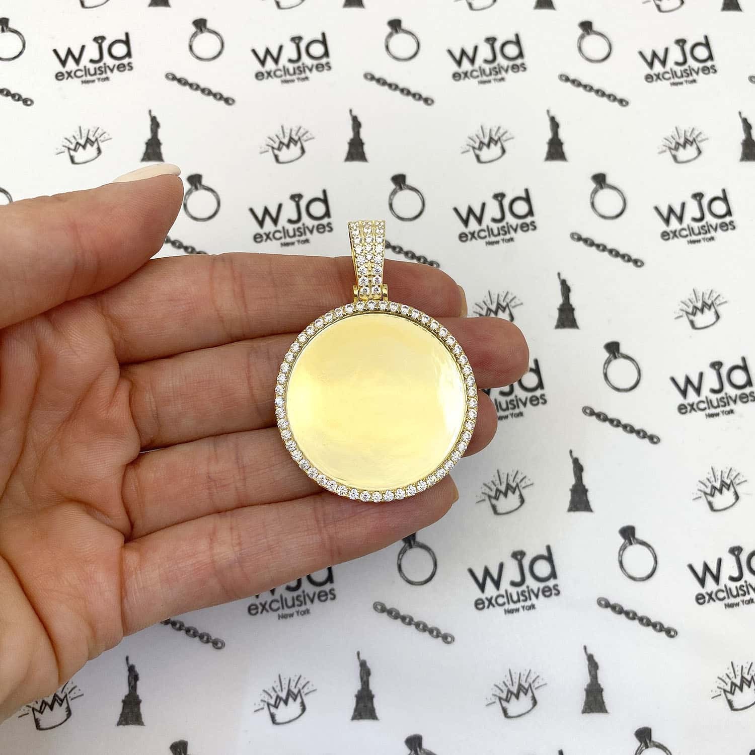 14K Gold Over Silver CZ Picture Memory Medallion Pendant 1″-2″