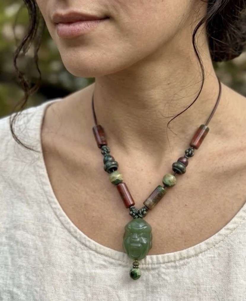 Jade Carved Charm Pendant Beaded Cord Necklace, Green Brown, Jasper Accent