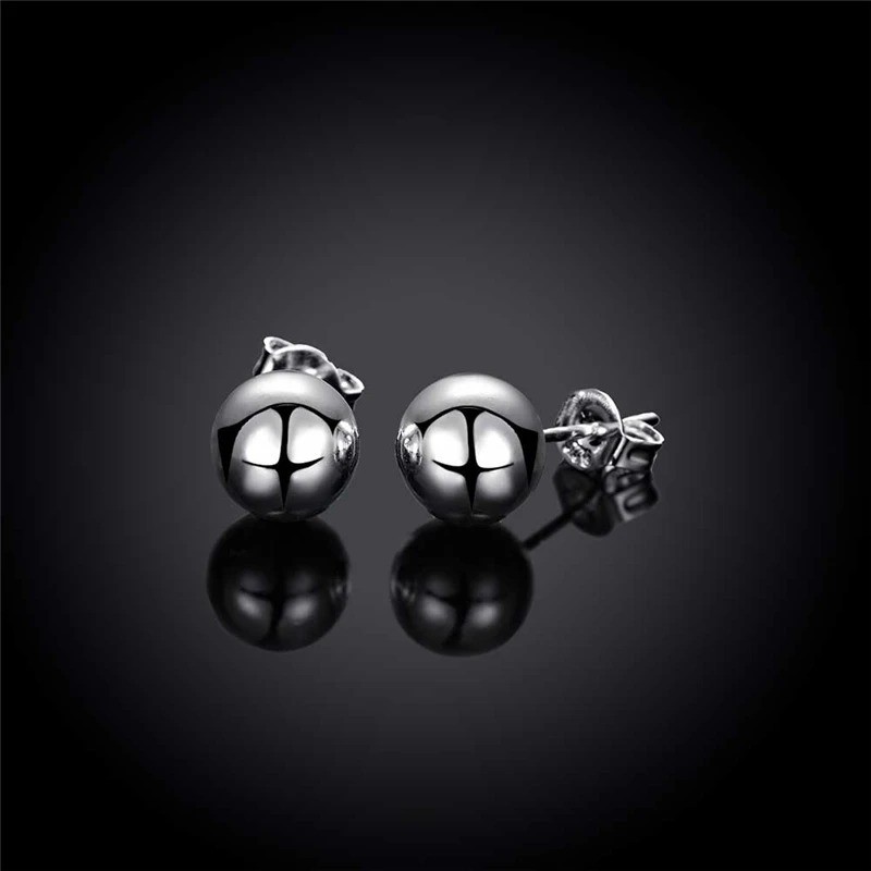 Cute 925 silver 10mm round smooth solid bead ball earrings for women