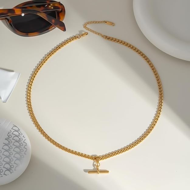 T Bar Pendant Necklace for Women Men Simple Stainless Steel Cuban Link NEW GOLD