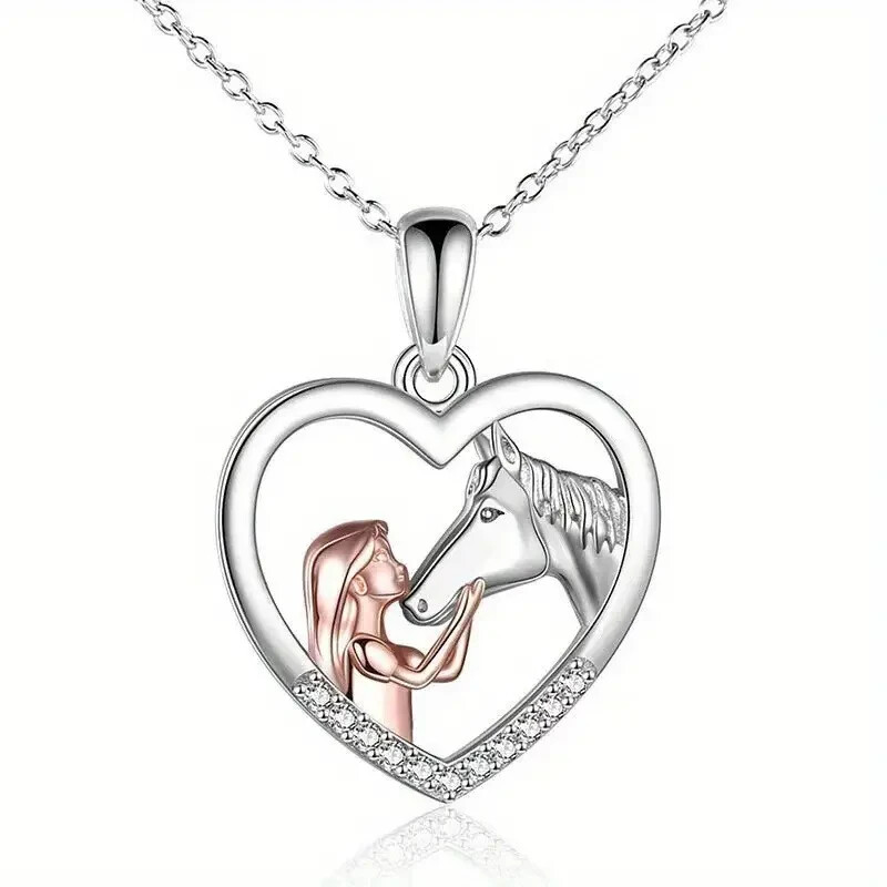 Cute Heart Horse Girl Pendant Necklace Decorative Fashion Silvery Sparkling Gift
