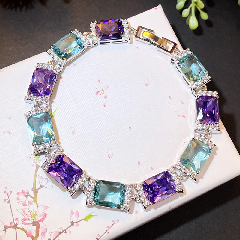 New Mix Color Light Blue Topaz Amethyst Gemstone Silver Women Bracelets 7.4 inch