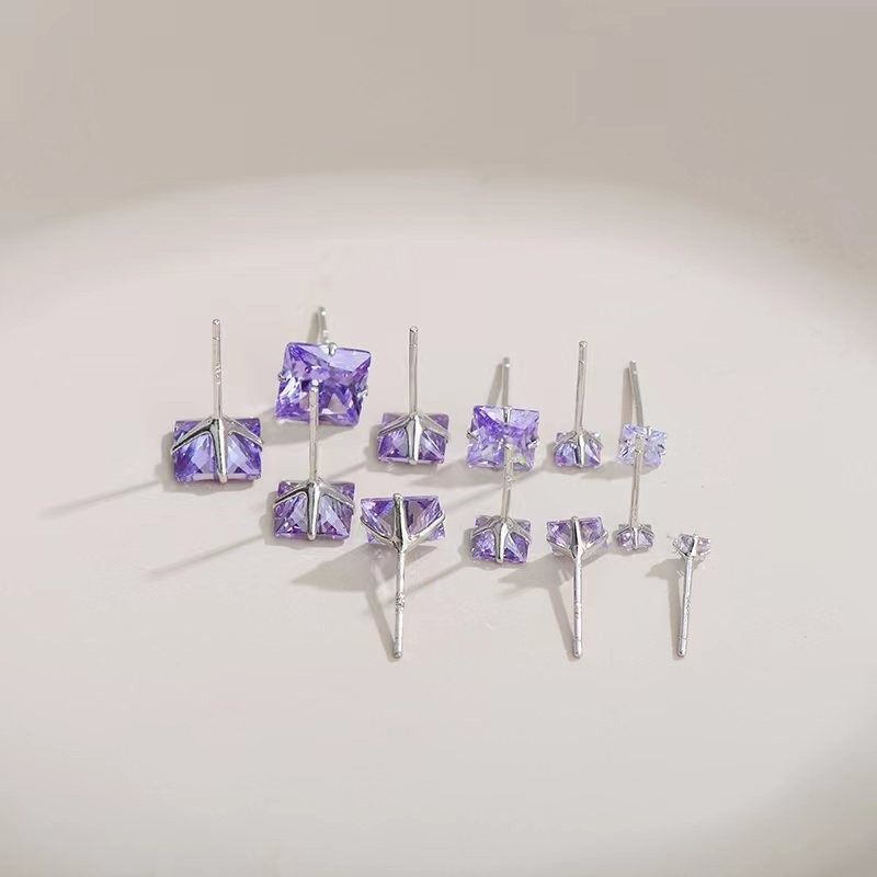 Men Women Gradient Purple Square Solitaire 925 Sterling Silver Mini Stud Earring