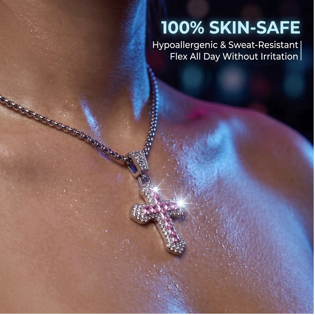 Pink Cross Pendant Necklace Silver Tone Iced CZ Hip Hop Fashion Jewelry
