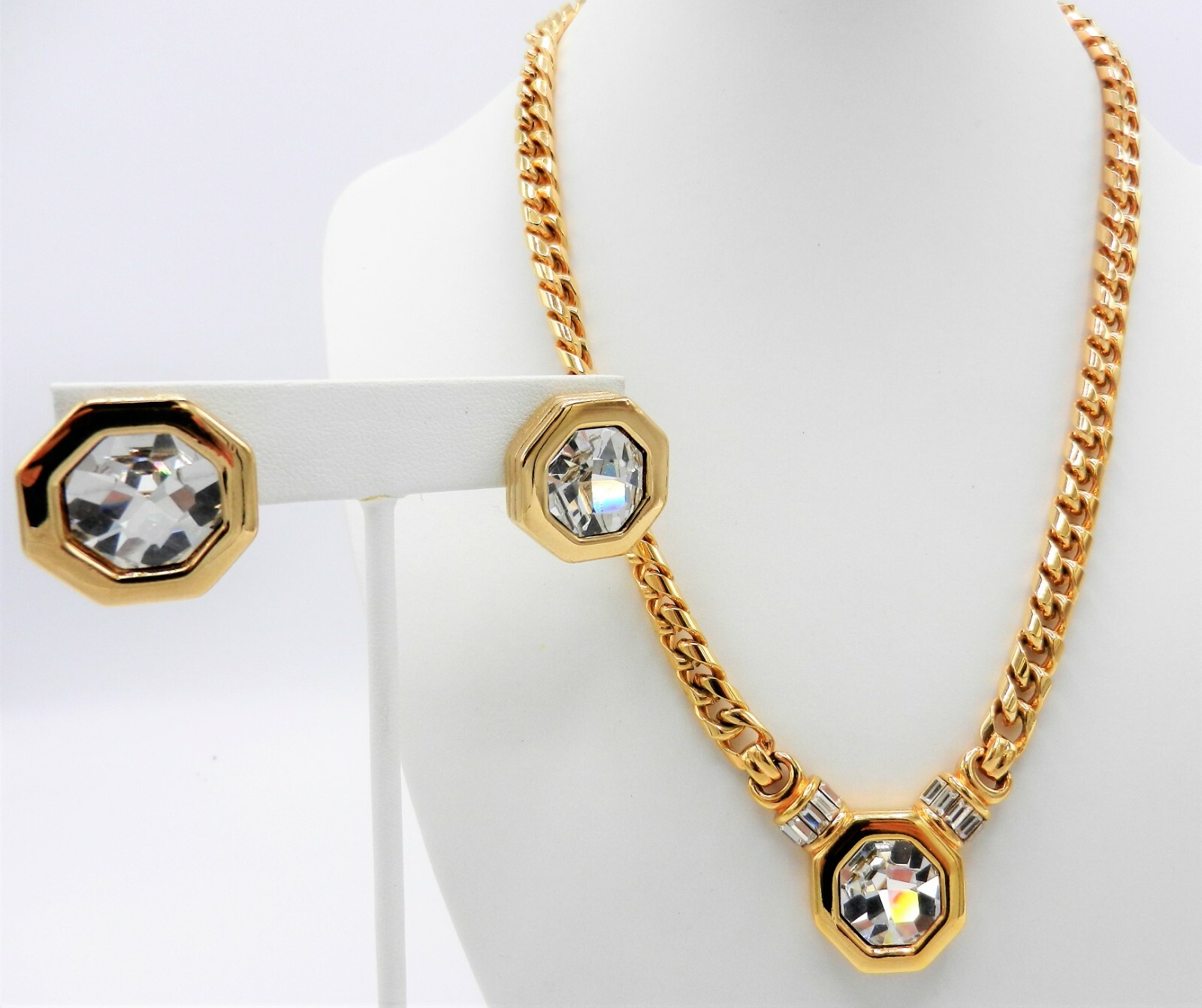 Signed Swarovski S.A.L. Crystal Hexagon Necklace & Earrings Set Gold Plated N46